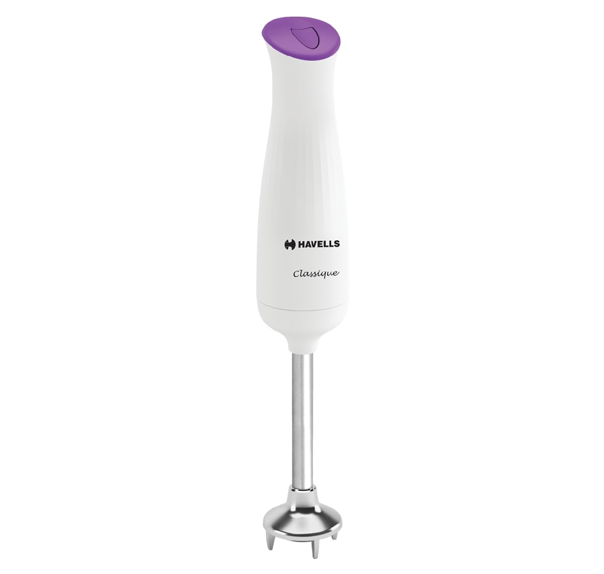 Seasons Havells Classique 300W hand blender in violet and white with blending attachments, ideal for smoothies and soups.