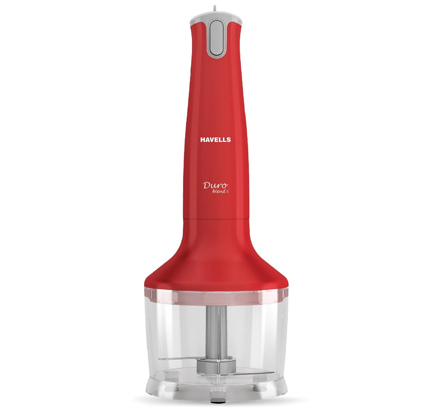 Seasons Havells Duro Blend S 300W hand blender in red with chopper attachment, showcasing ergonomic design and blending accessories.