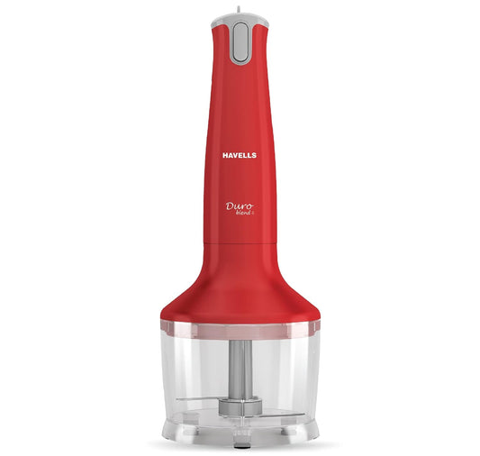 Seasons Havells Duro Blend S 300W hand blender in red with chopper attachment, showcasing ergonomic design and blending accessories.