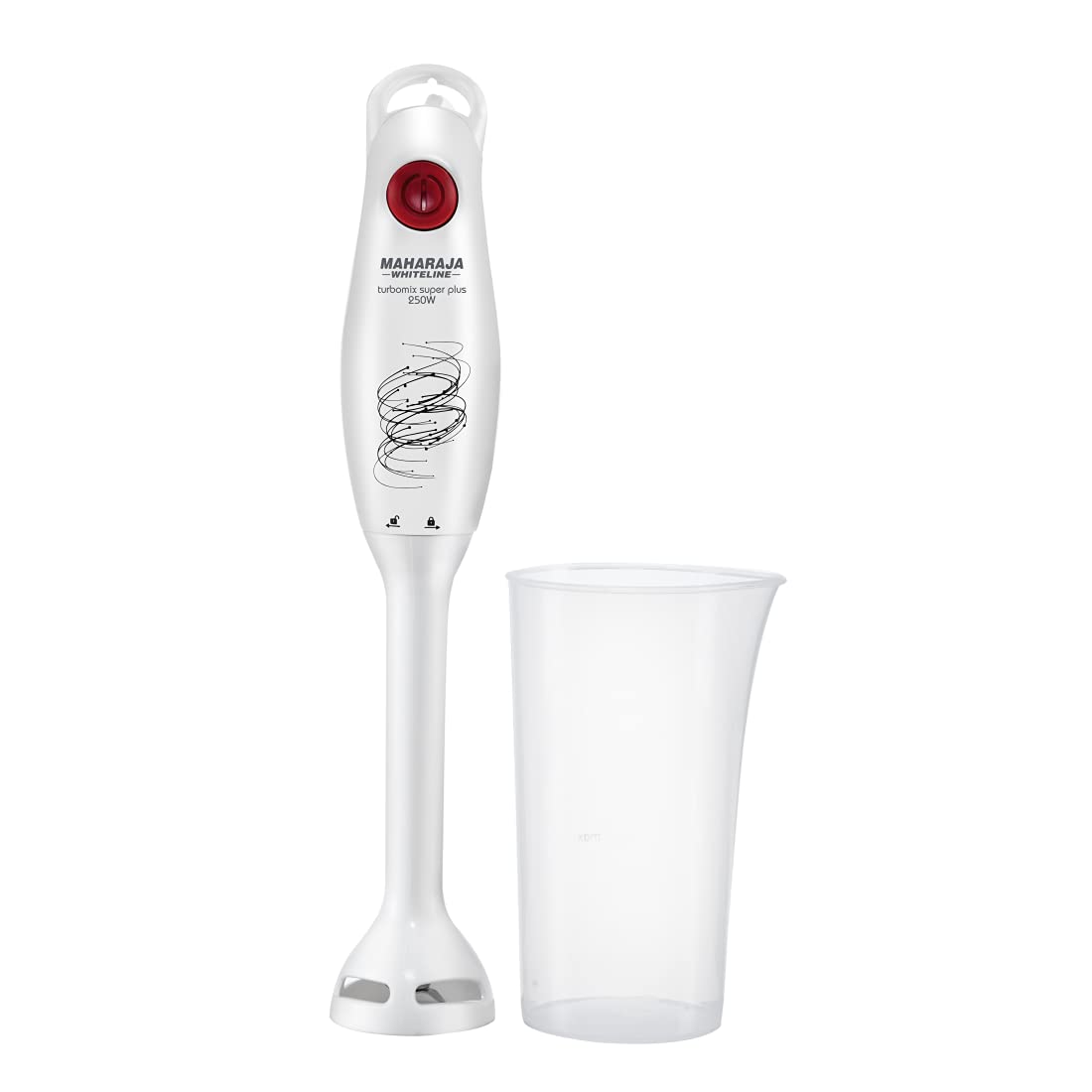 Seasons Maharaja Whiteline HB-131 250W white and silver hand blender with ergonomic handle and blending attachments.