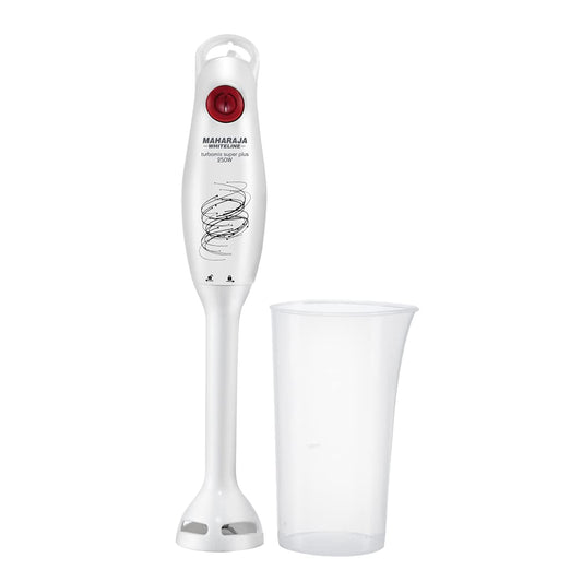 Seasons Maharaja Whiteline HB-131 250W white and silver hand blender with ergonomic handle and blending attachments.