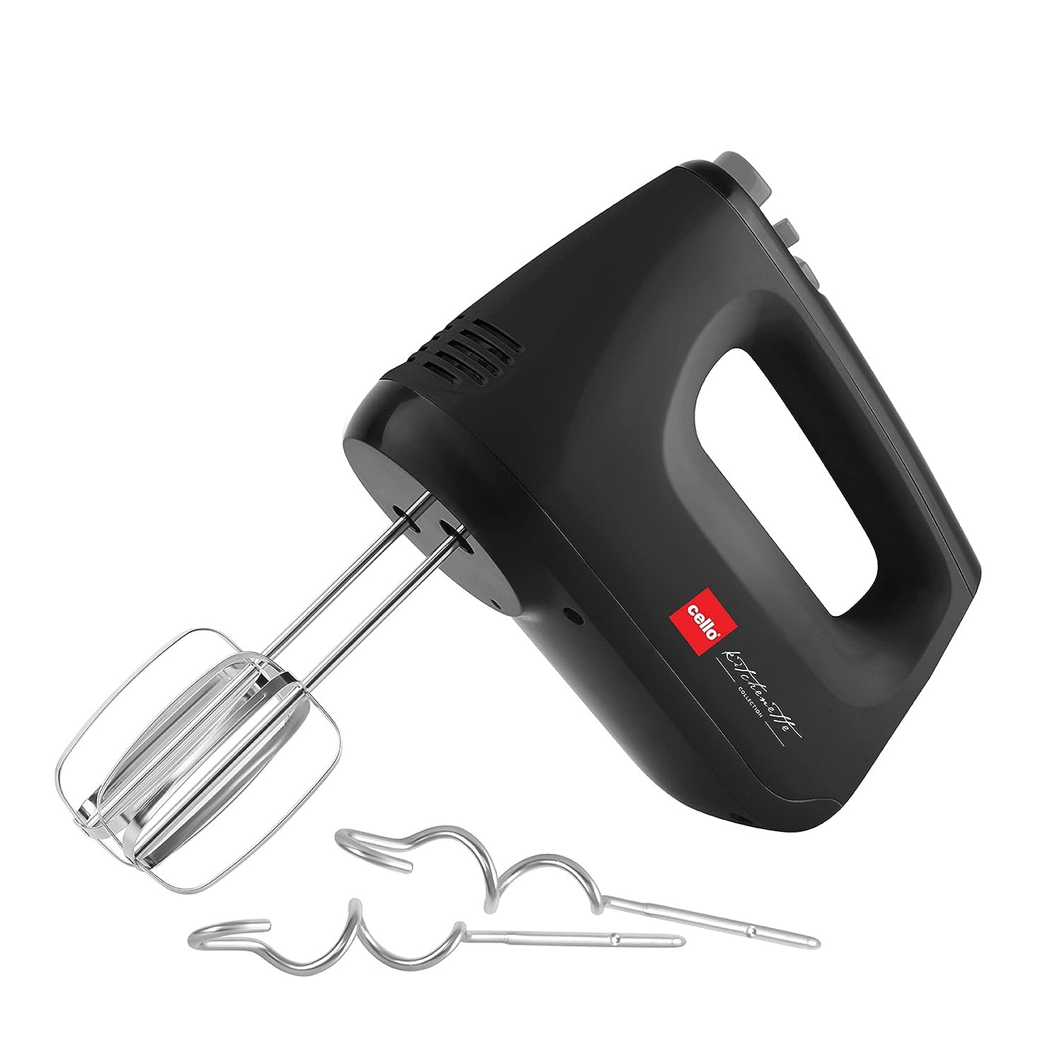 Black Seasons Cello Supreme Beater hand blender with 400W motor, shown with blending attachment against a white background.