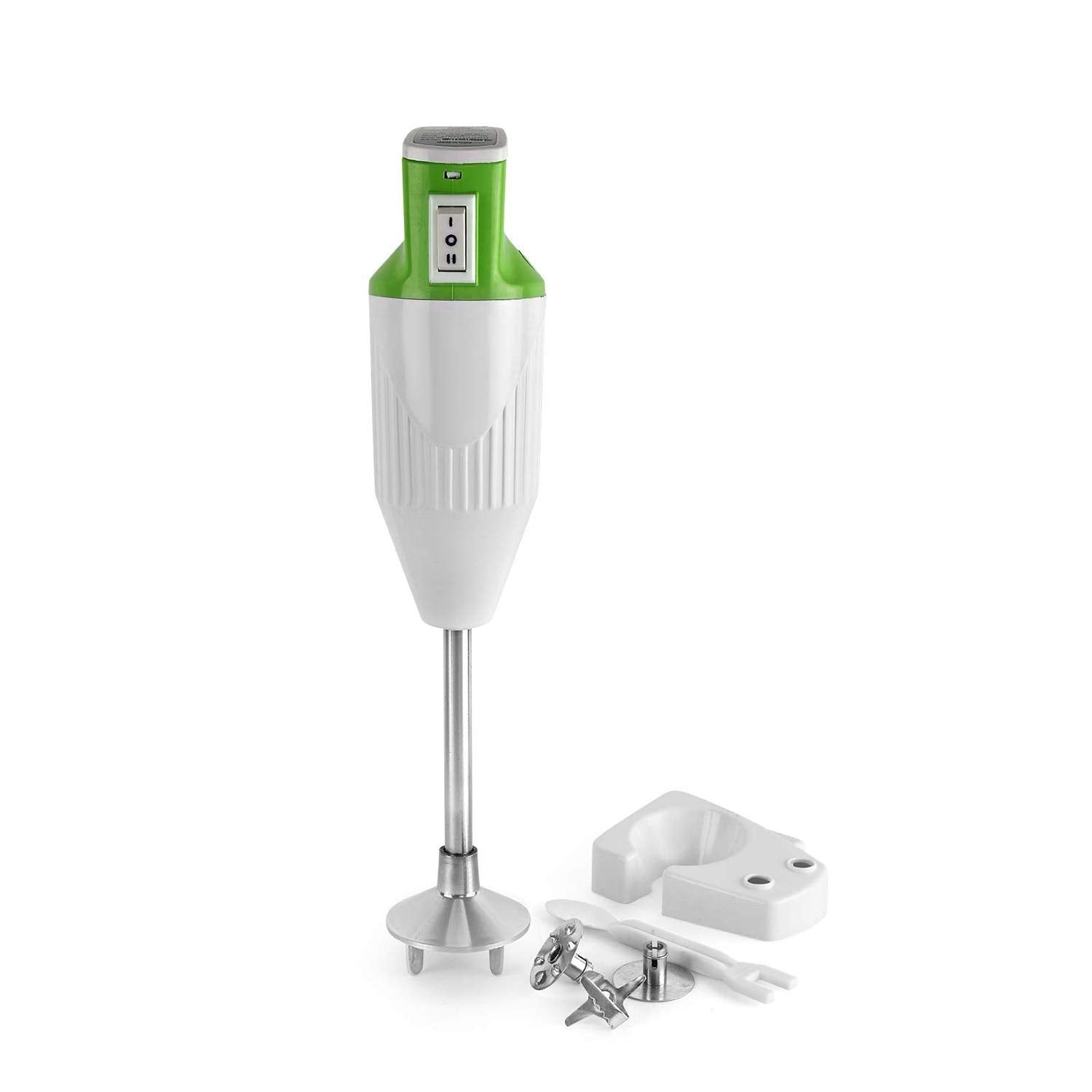 Seasons Cello BLEND-N-MIX 600 200W hand blender in green and white with blending attachments on a kitchen countertop.