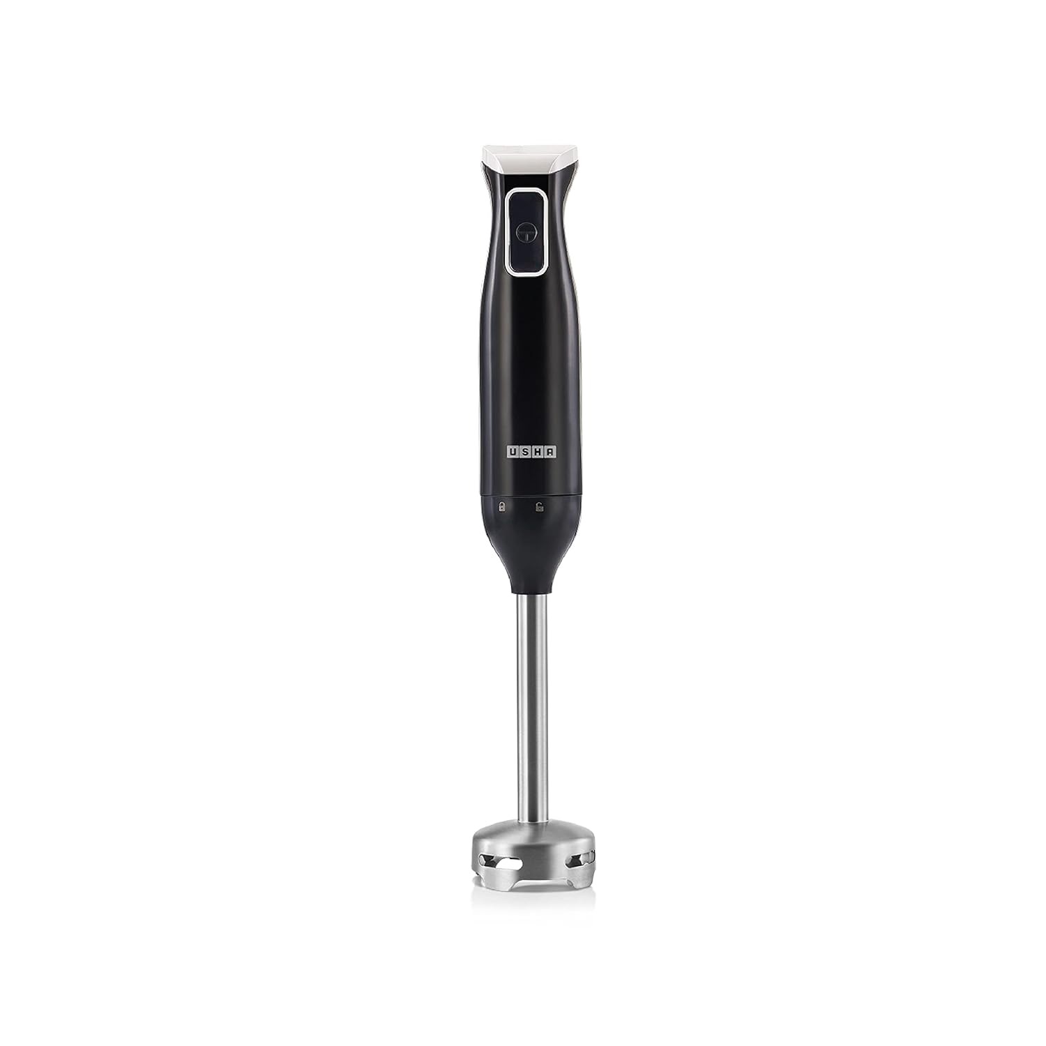 Black Seasons Usha 250W hand blender with stainless steel blades and 400W motor, ideal for smooth blending and mixing.