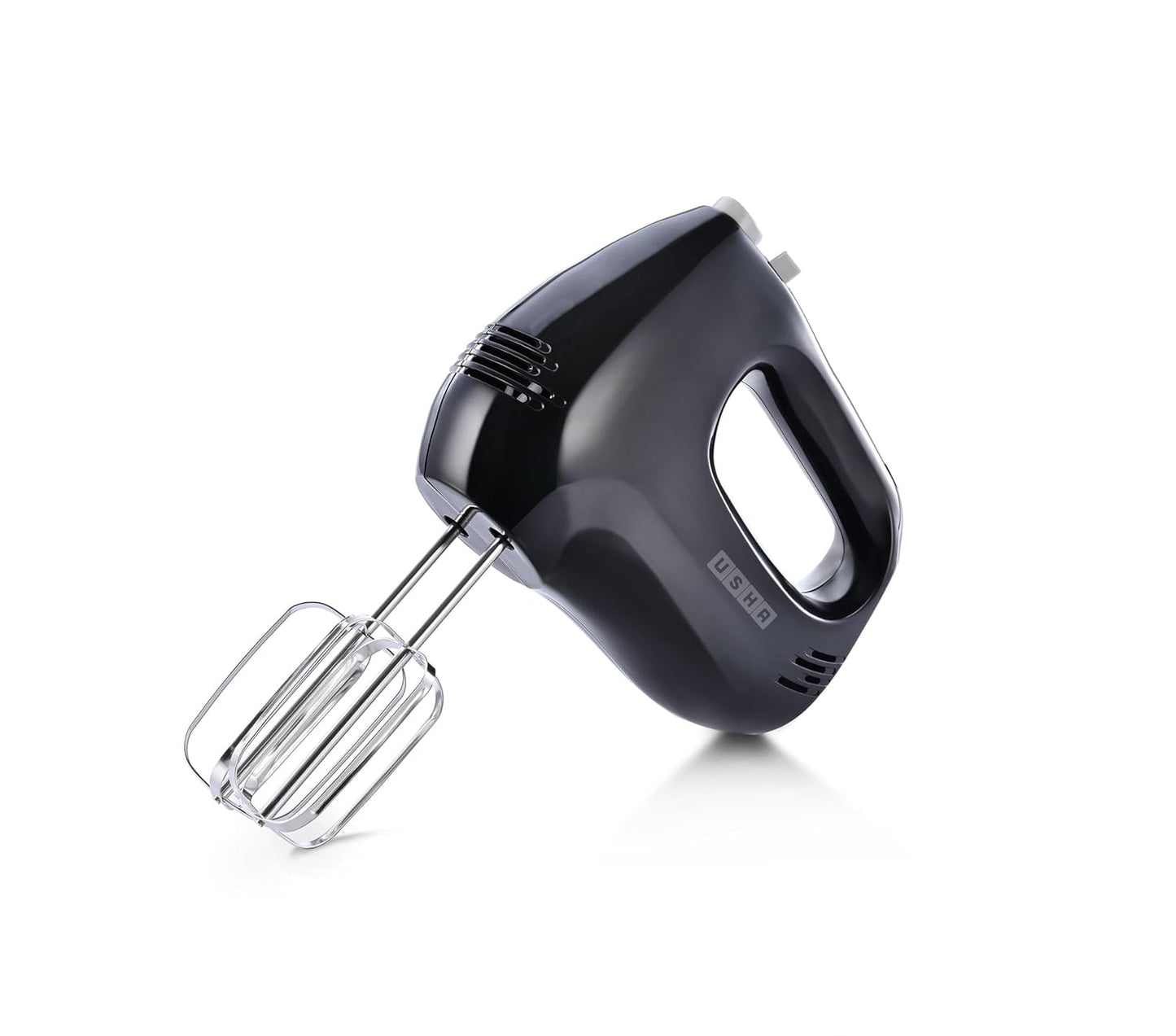 Seasons Usha 150W black hand blender with electric whisk attachment, compact and easy to use for mixing and blending.