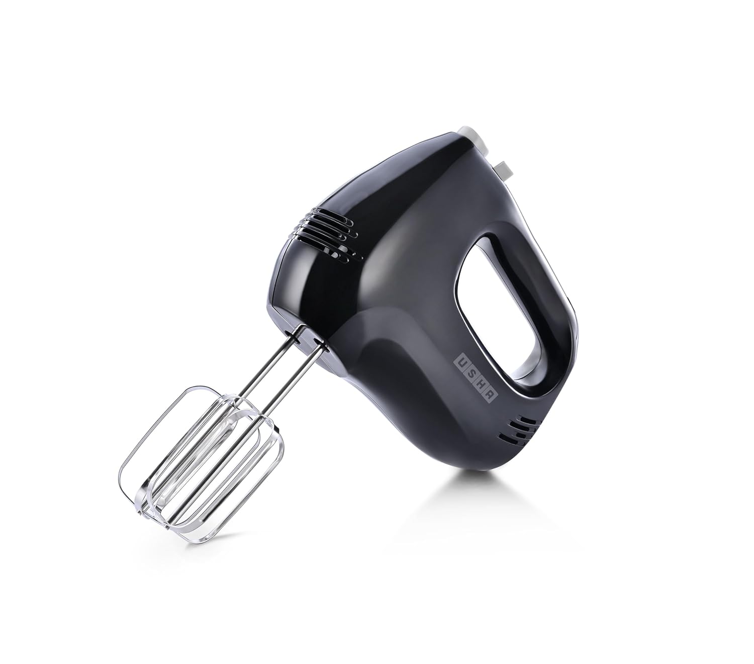 Seasons Usha 150W black hand blender with electric whisk attachment, compact and easy to use for mixing and blending.