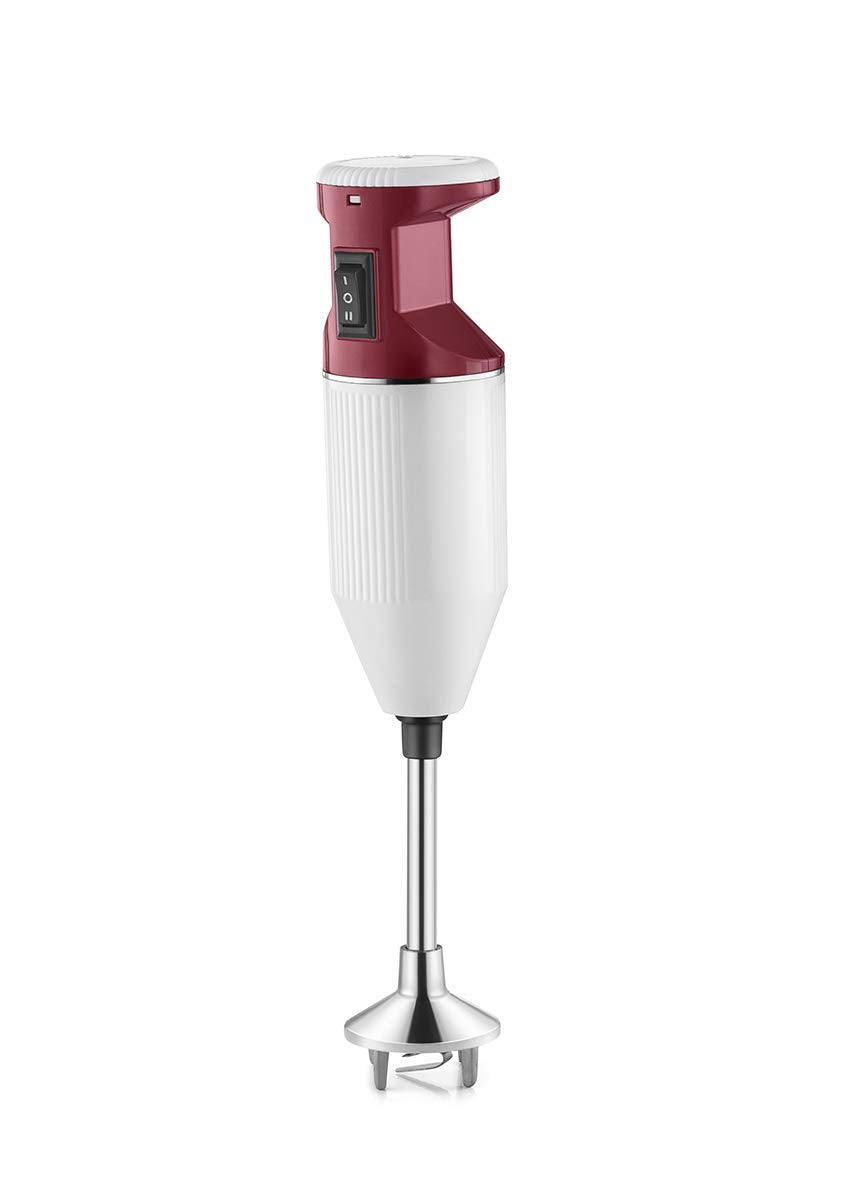 Seasons Usha BLENDER01 125W white and maroon hand blender with a sleek design and blending blades visible in the image.