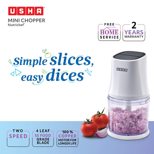 Seasons Usha 500ml white hand blender chopper with 300W motor and two-year warranty, shown with blending and chopping attachments.