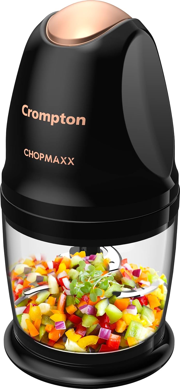 Seasons Crompton ChopMaxx 300W black hand blender with stainless steel blade and ergonomic handle for easy chopping.