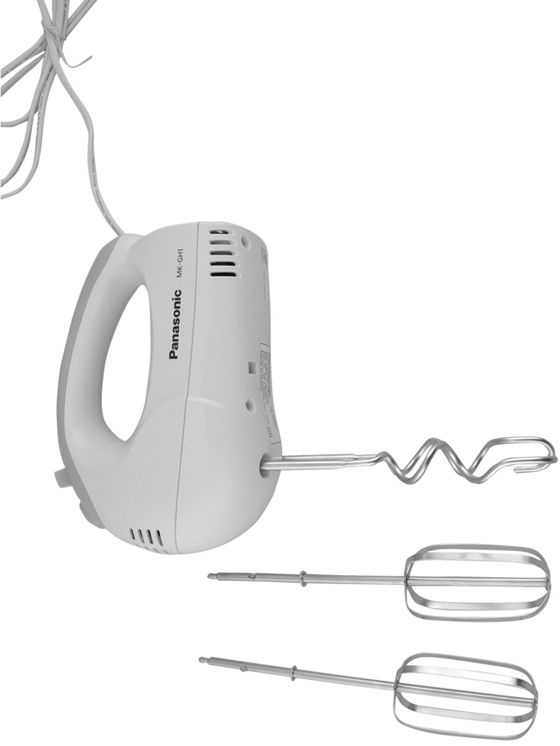 White Panasonic MKGH1 200W hand blender by Seasons, featuring a sleek design and ergonomic handle for smooth blending.