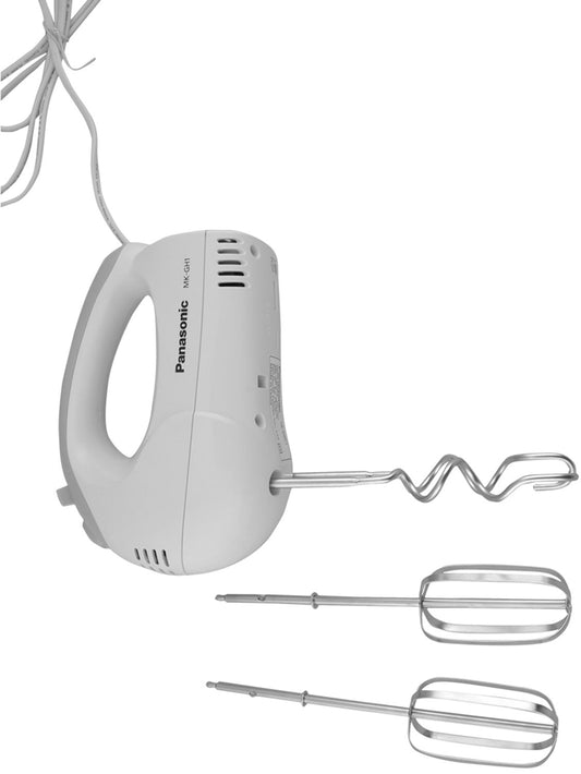 White Panasonic MKGH1 200W hand blender by Seasons, featuring a sleek design and ergonomic handle for smooth blending.