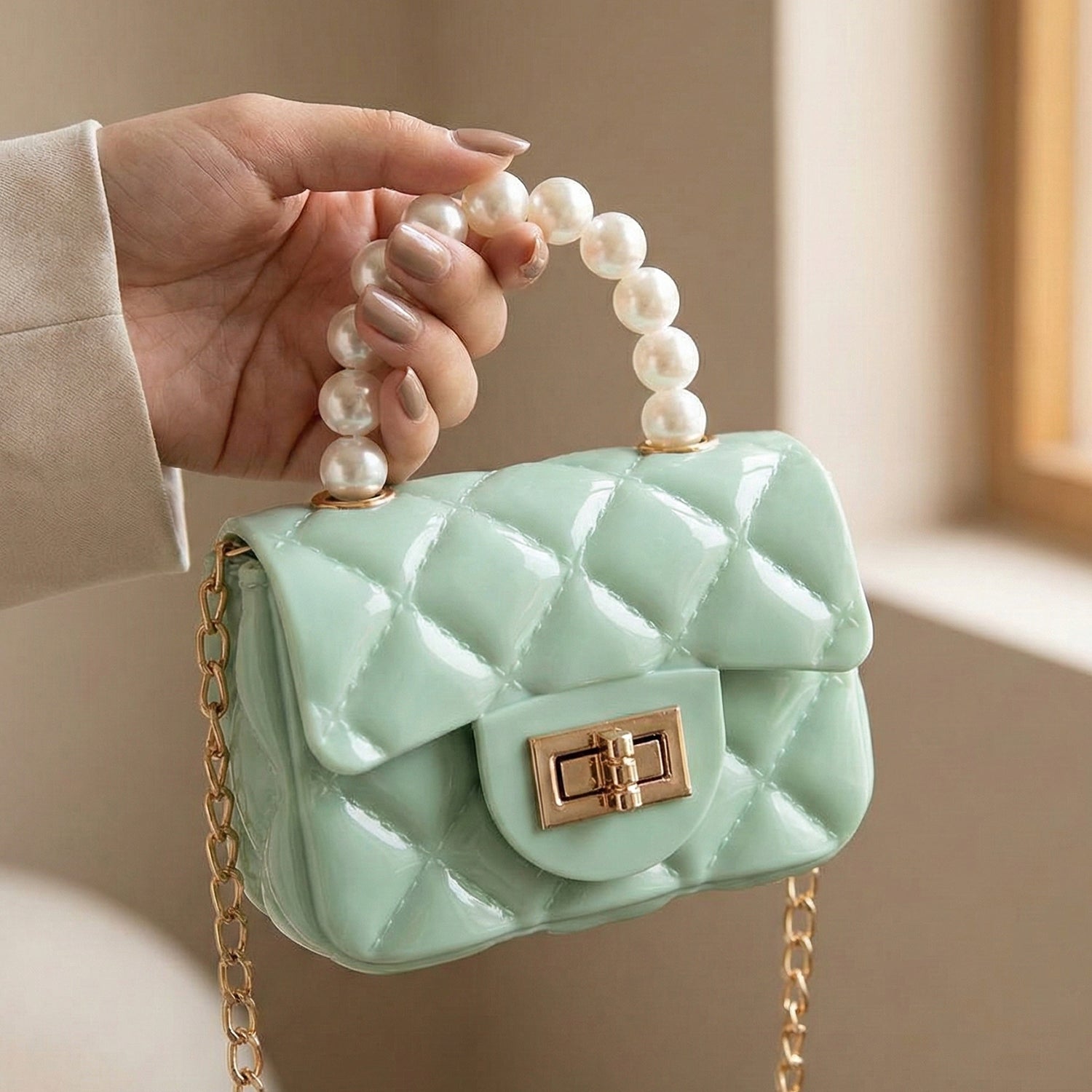 Wukusy elegant quilted mini handbag with a sling strap, compact fashion accessory for casual or formal wear.
