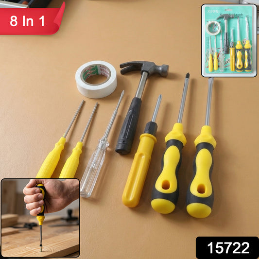 Wukusy 8-in-1 hand tool kit set with screwdriver, hammer, and repair tools in mixed colors, ideal for home repairs and DIY projects