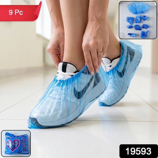 Disposable plastic shoe covers with elastic fit, Wukusy 100-piece set, shown covering shoes for protection and cleanliness.
