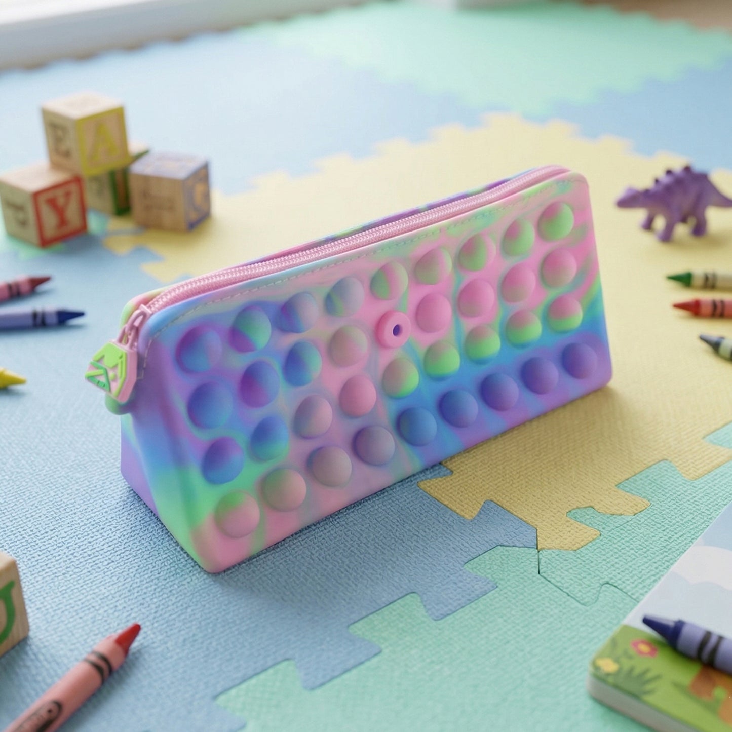 Multicolor Pop It silicone pencil pouch for kids by Wukusy, 21x10 cm, with playful pop-it design and multiple bright colors.