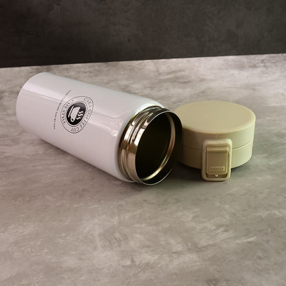 Wukusy stainless steel vacuum insulated coffee flask with flip lock lid, 400ml, showing the sleek stainless steel design.