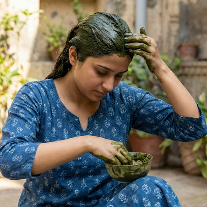 Wukusy Natural Bhringraj Powder for traditional hair care, 80g, showcasing the fine green powder in a clear container.