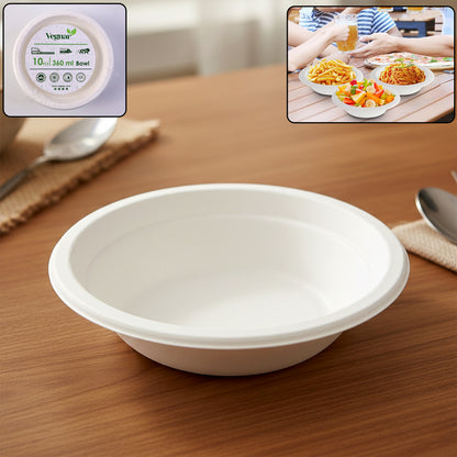 Set of 10 Vegnar disposable food serving bowls by Wukusy, 360 ml capacity, clear plastic, suitable for salads and snacks.