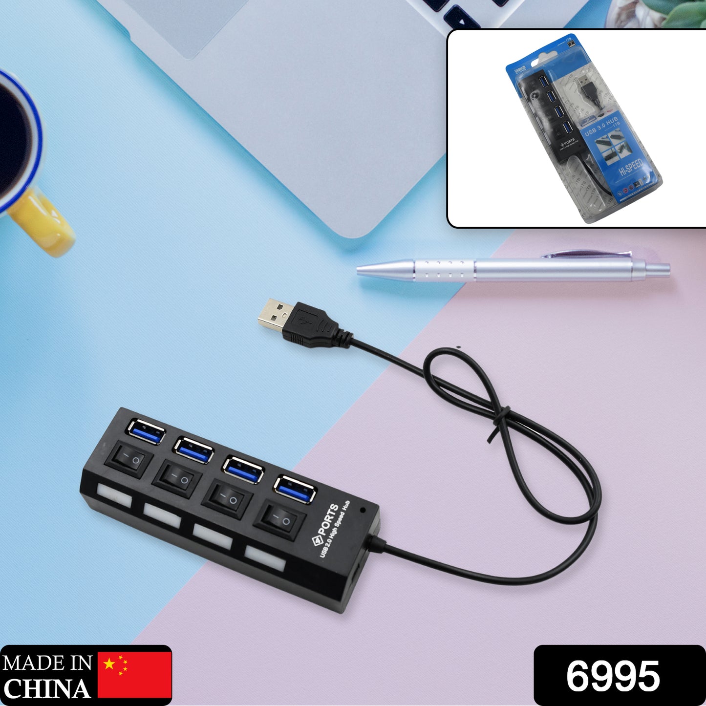 Wukusy 4 port USB 2.0 hub with on/off switch, LED indicators, compatible with tablets, laptops, and computers for high-speed data transfer.