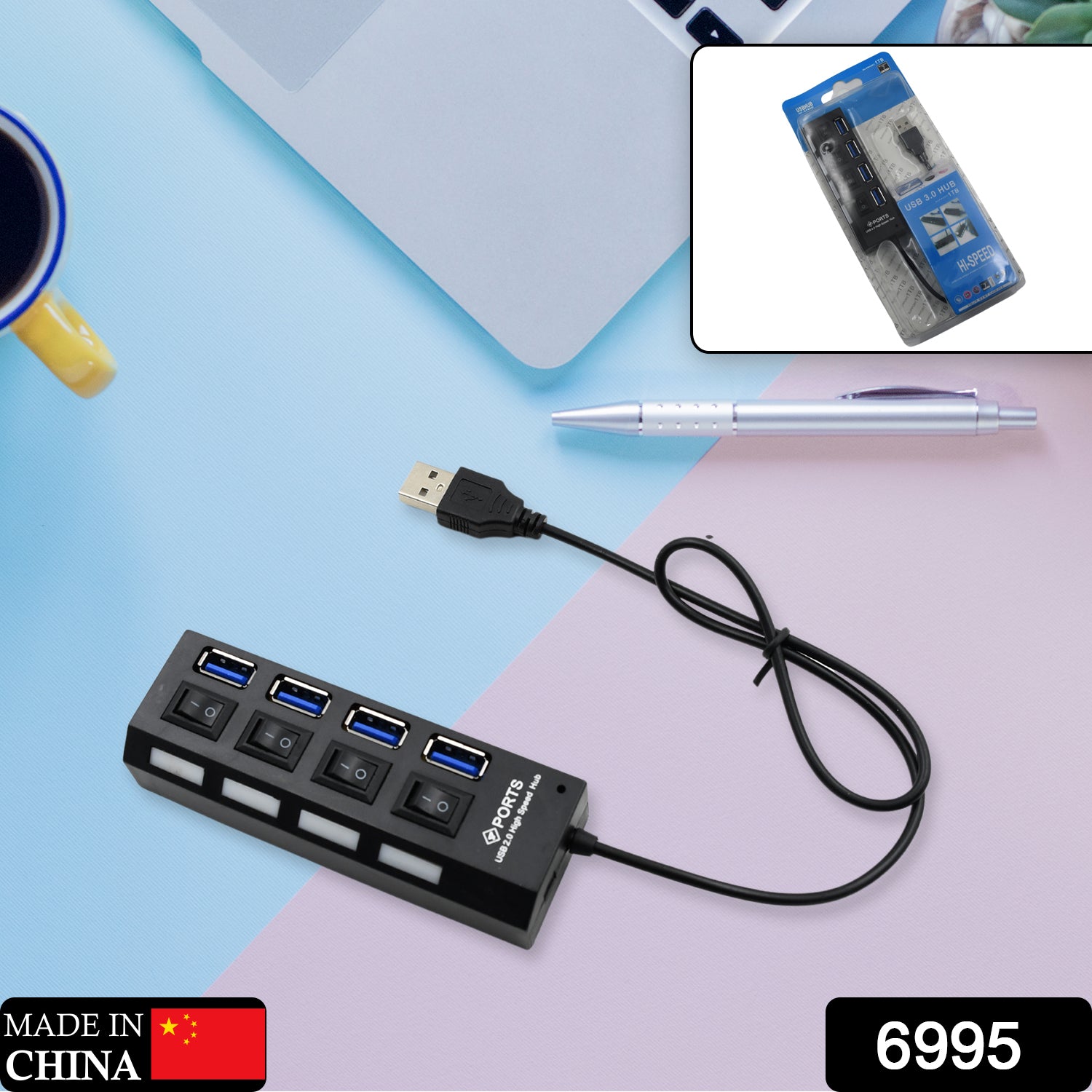 Wukusy 4 port USB 2.0 hub with on/off switch, LED indicators, compatible with tablets, laptops, and computers for high-speed data transfer.