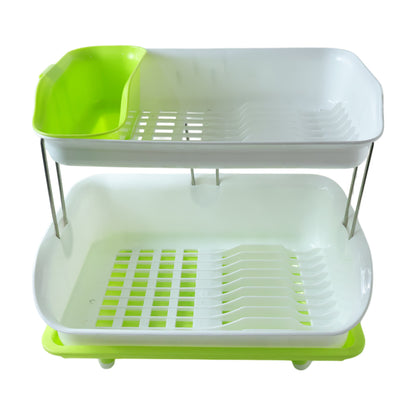 Wukusy Prexo 2-layer kitchen dish drying rack with drain tray, holding plates, cups, and utensils on a countertop.