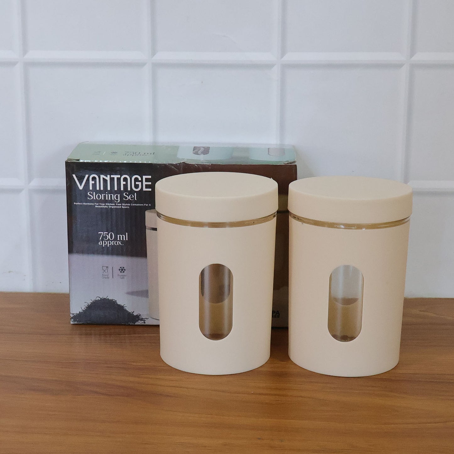 Wukusy premium kitchen storage container set with two 750ml clear plastic jars for organizing pantry items.