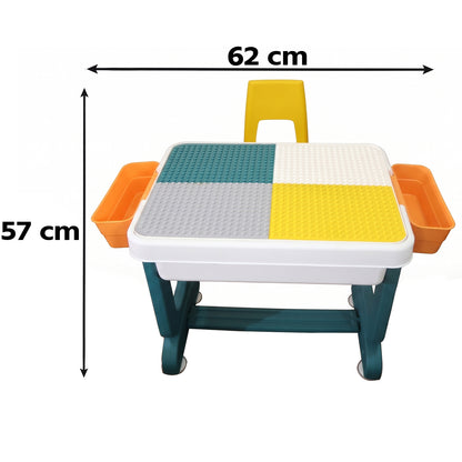 Kids building block activity table and chair set with storage bins by Wukusy, showing a colorful table with matching chairs and storage bins