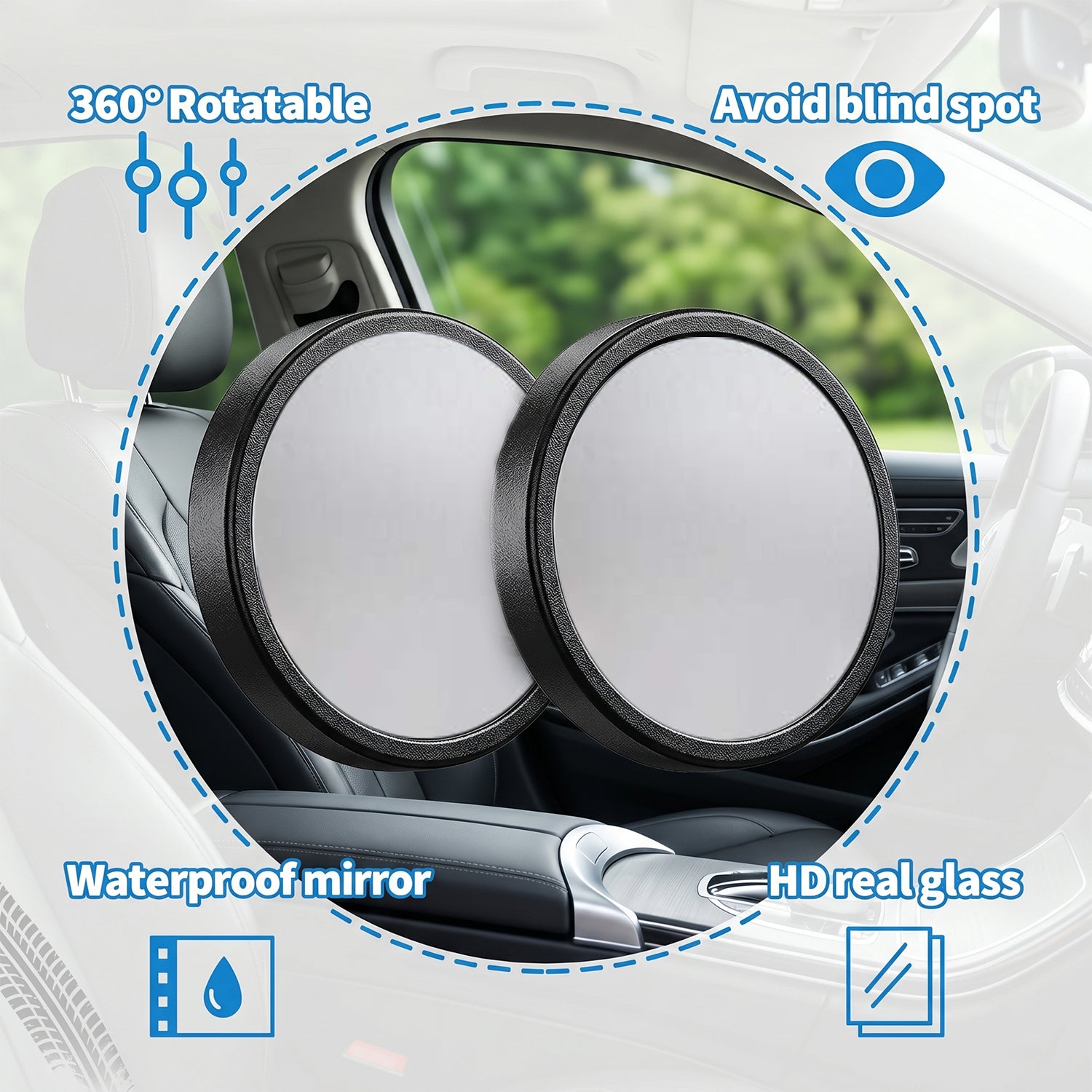 Pair of Wukusy 360-degree adjustable car blind spot mirrors showing reflective surfaces and mounting brackets for side mirrors.