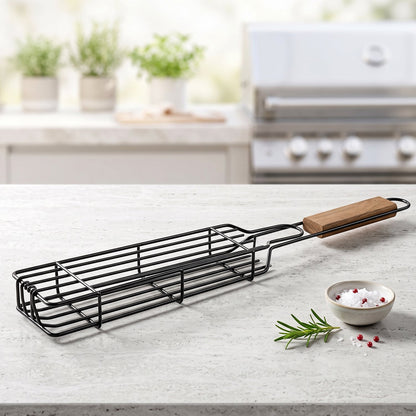 Metal Barbecue Grill Basket With Wooden Handle For Bbq Kebab Veggies (1 Set)