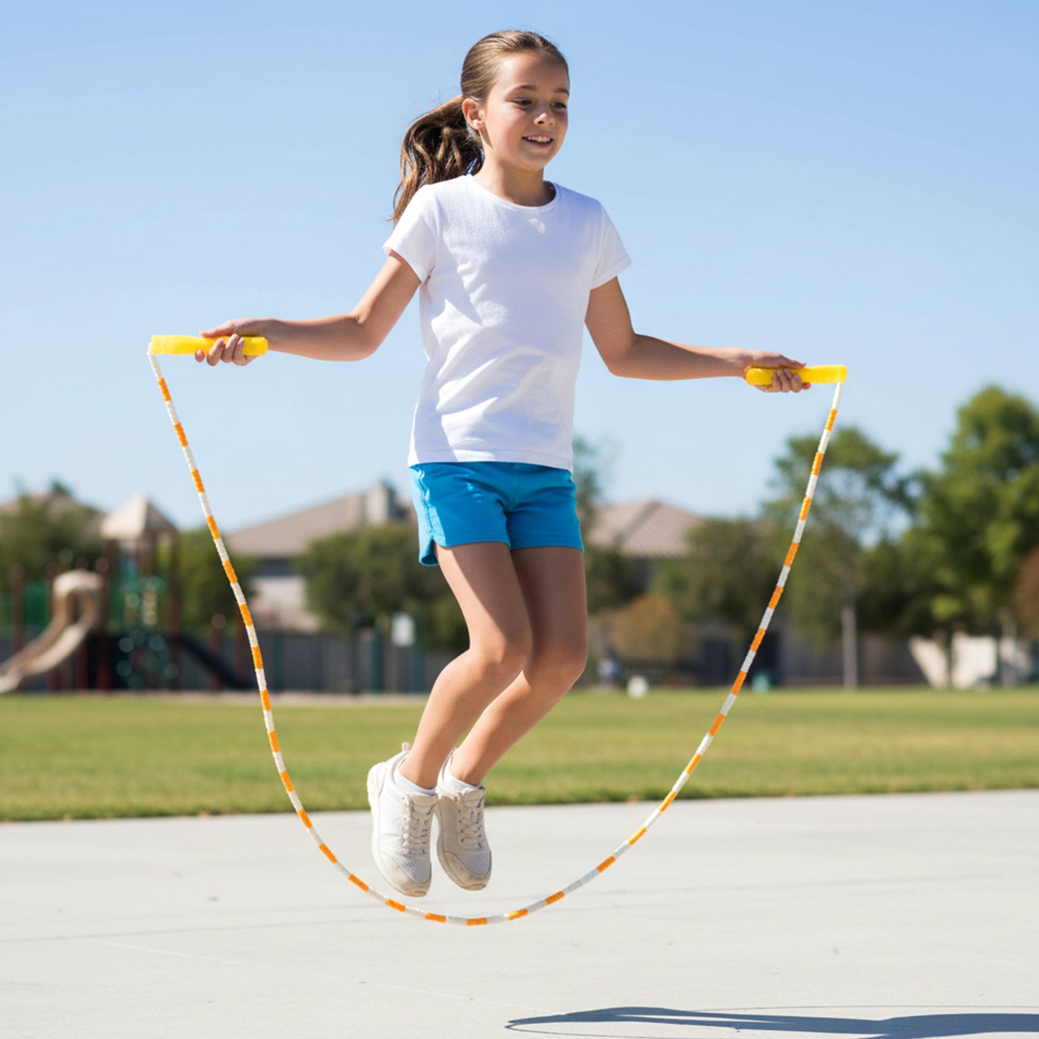 Wukusy yellow and white beaded skipping jump rope with handles, ideal for fitness and cardio workouts