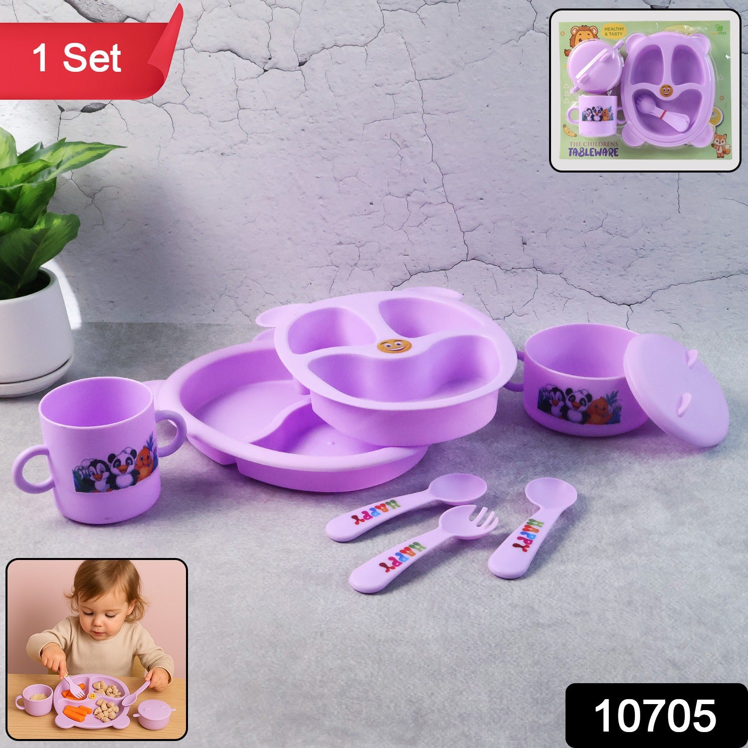 Wukusy children's tableware dining set featuring colorful plates, bowls, and utensils for kids' mealtime in a home kitchen setting.