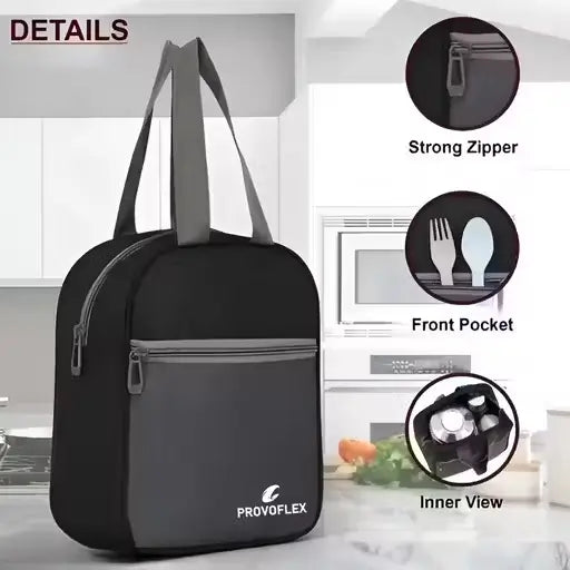 Ekom PROVOFLEX lunch bag in black, designed for travel and storage, featuring a durable fabric exterior and compact size.