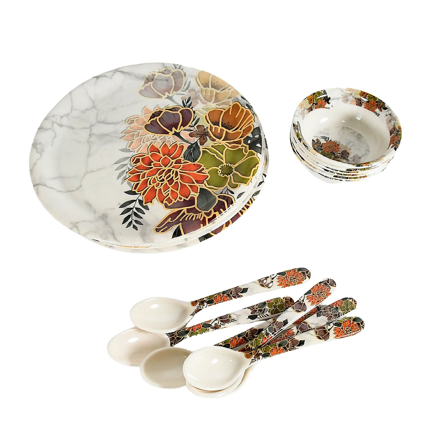 Wukusy Dream high-quality plastic dinner set with flower design, includes 6 plates, 6 bowls, 6 serving spoons, microwave and dishwasher safe