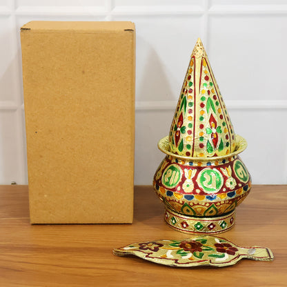 Traditional decorative Pooja Kalash set by Wukusy, featuring ornate brass vessels with intricate designs for religious rituals.