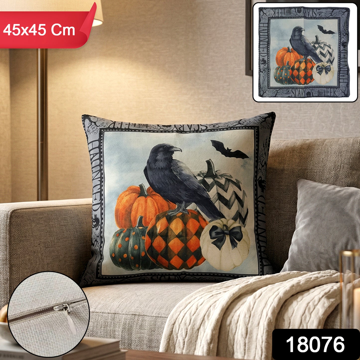 Decorative 45x45 cm printed cushion pillow cover with zipper by Wukusy, featuring colorful floral design and soft fabric.