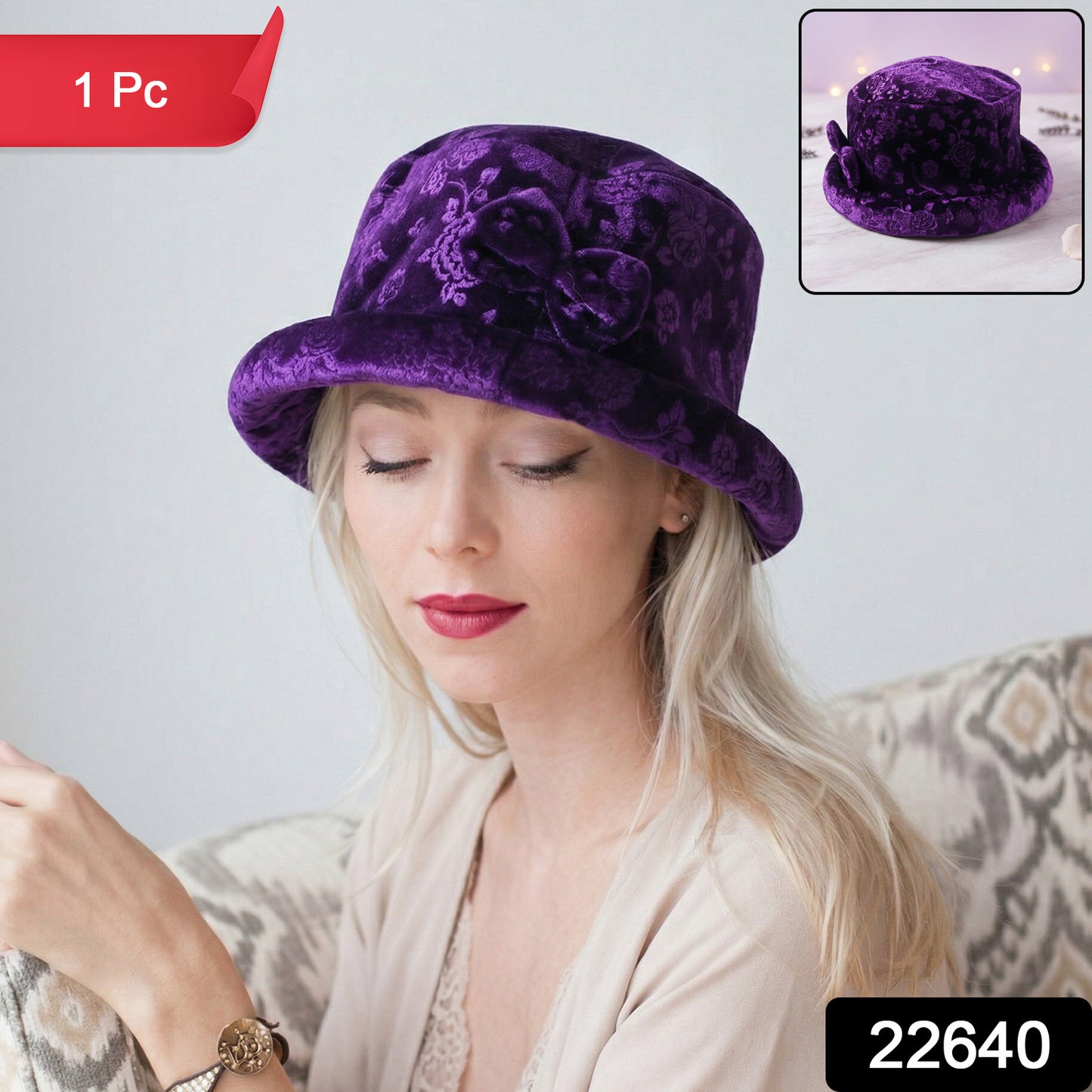 Wukusy premium velvet designer bucket hat for women, stylish and soft, shown in close-up with a relaxed fit and luxurious fabric.