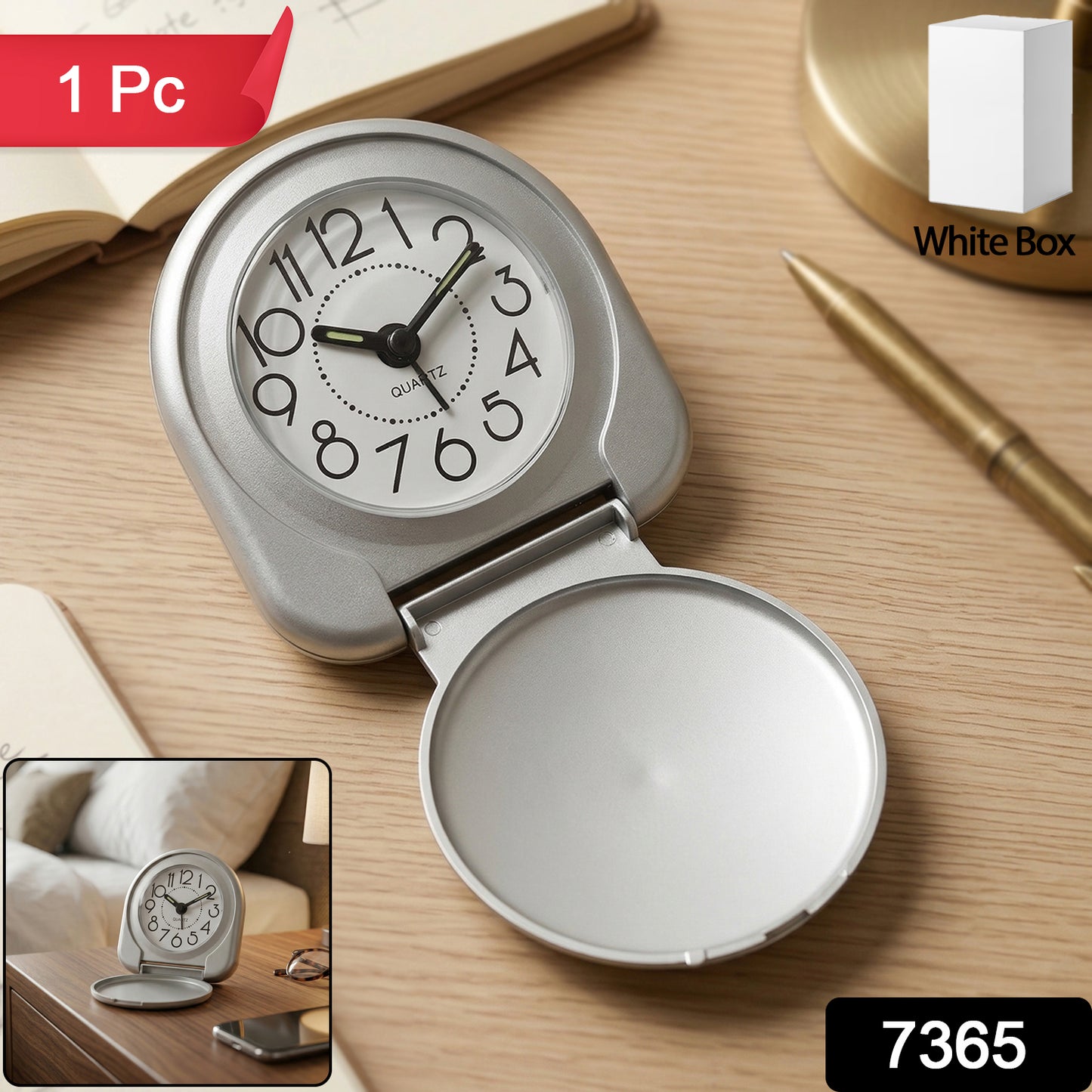 Wukusy compact foldable travel alarm clock with digital display, showing time and alarm settings, designed for portable use.