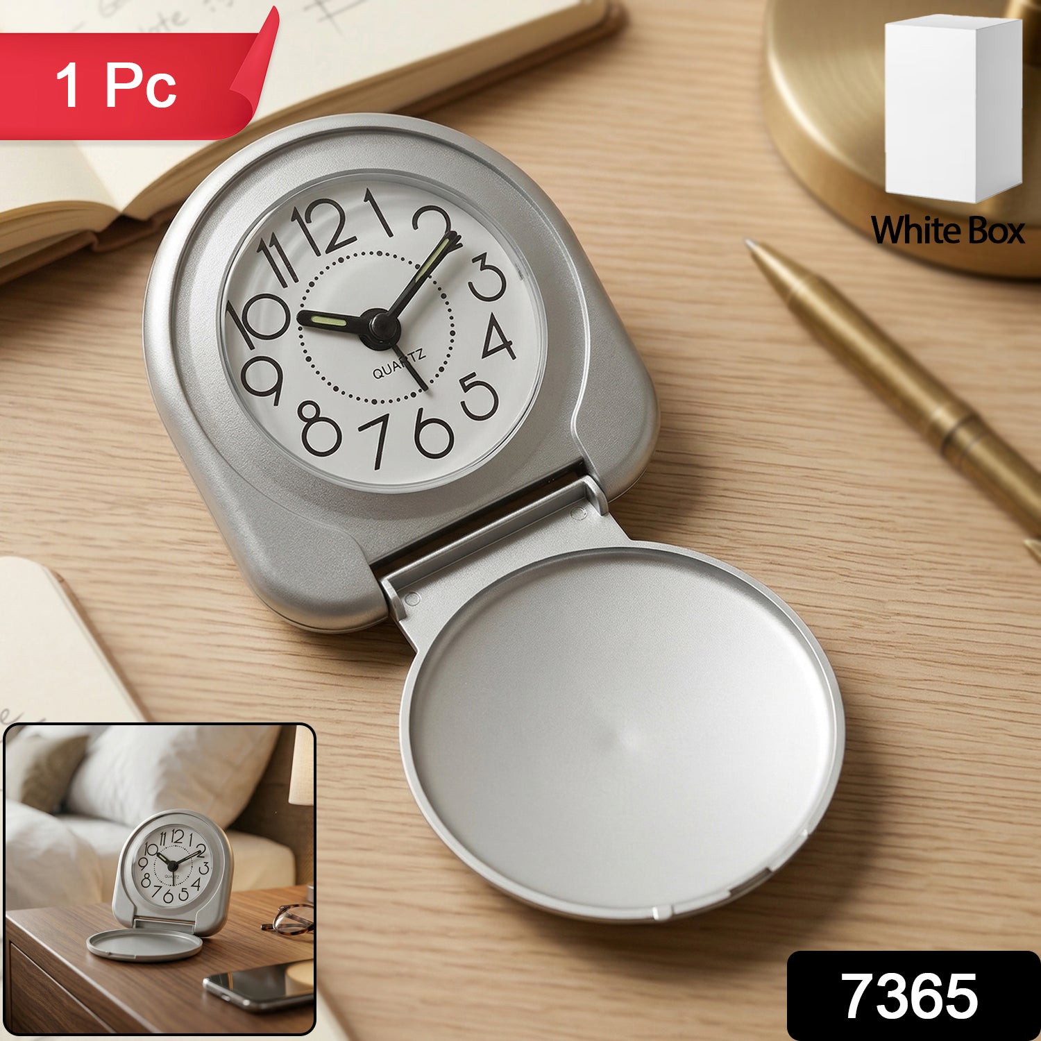 Wukusy compact foldable travel alarm clock with digital display, showing time and alarm settings, designed for portable use.