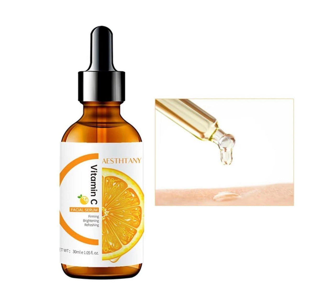 Drpshippr hydrating hyaluronic acid serum for face with vitamin C and E, showcasing the serum bottle with dropper and skincare ingredients.