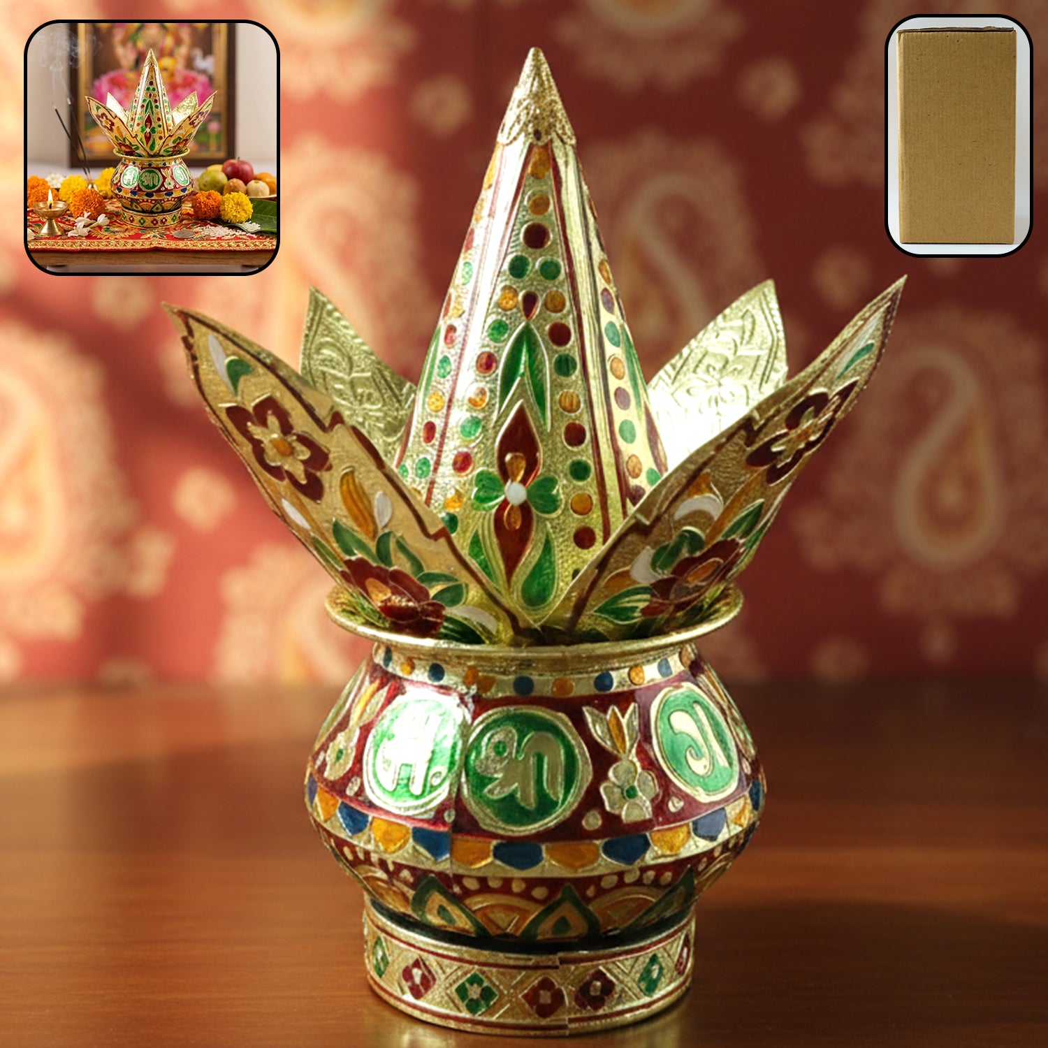 Traditional decorative Pooja Kalash set by Wukusy, featuring ornate brass vessels with intricate designs for religious rituals.