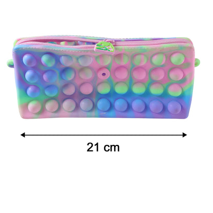 Multicolor Pop It silicone pencil pouch for kids, rectangular 21x10 cm with playful bubble design, by Wukusy.
