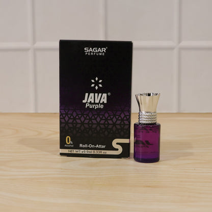 Wukusy Sagar Java Purple Roll-on Attar perfume oil in 9.9ml bottle, alcohol-free floral and woody scent for men and women.