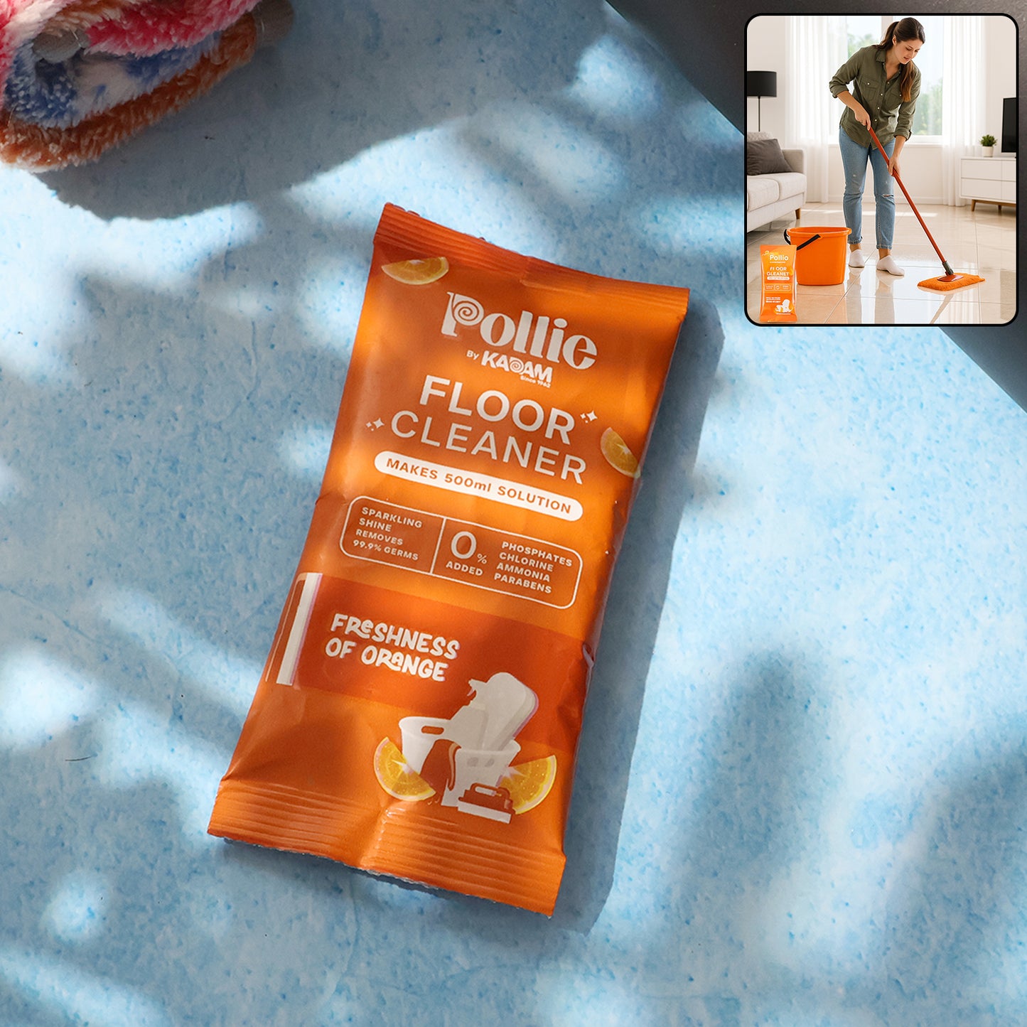 Wukusy Pollic Kadam concentrated floor cleaner sachet with orange fresh fragrance, 50g, for home cleaning and floor sanitation.