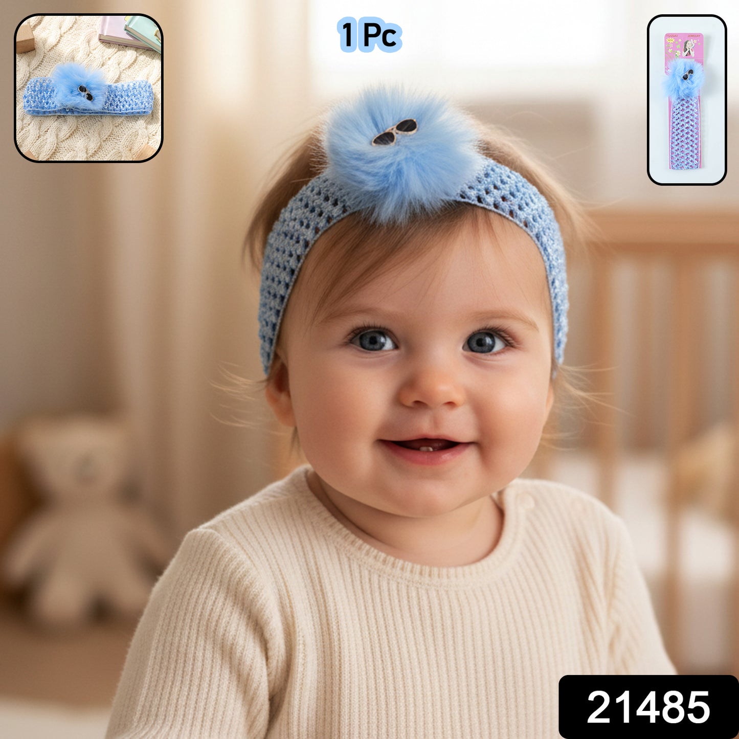 Baby girl wearing a cute soft elastic Wukusy hair band with a bow, styled on her head for a charming look.