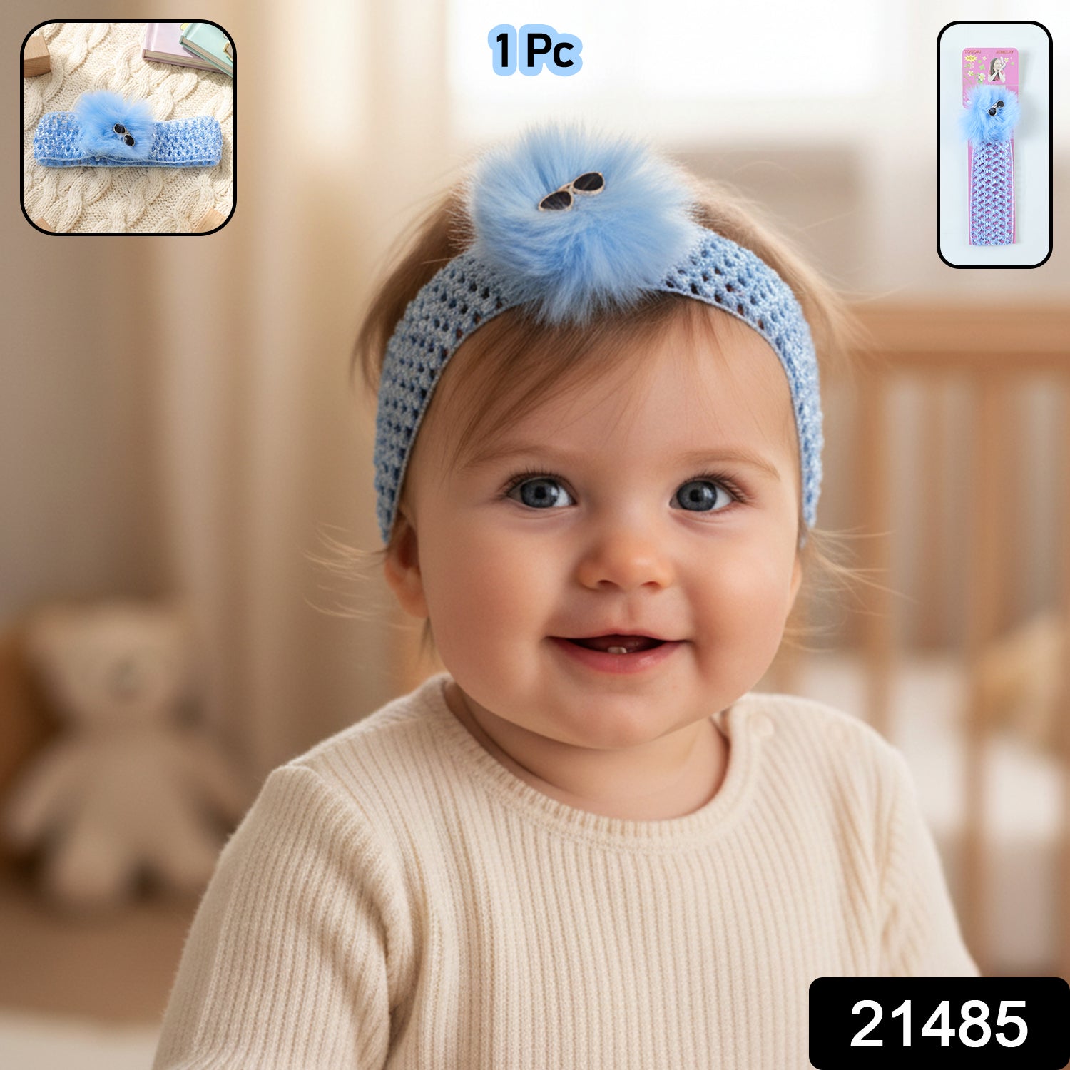 Baby girl wearing a cute soft elastic Wukusy hair band with a bow, styled on her head for a charming look.