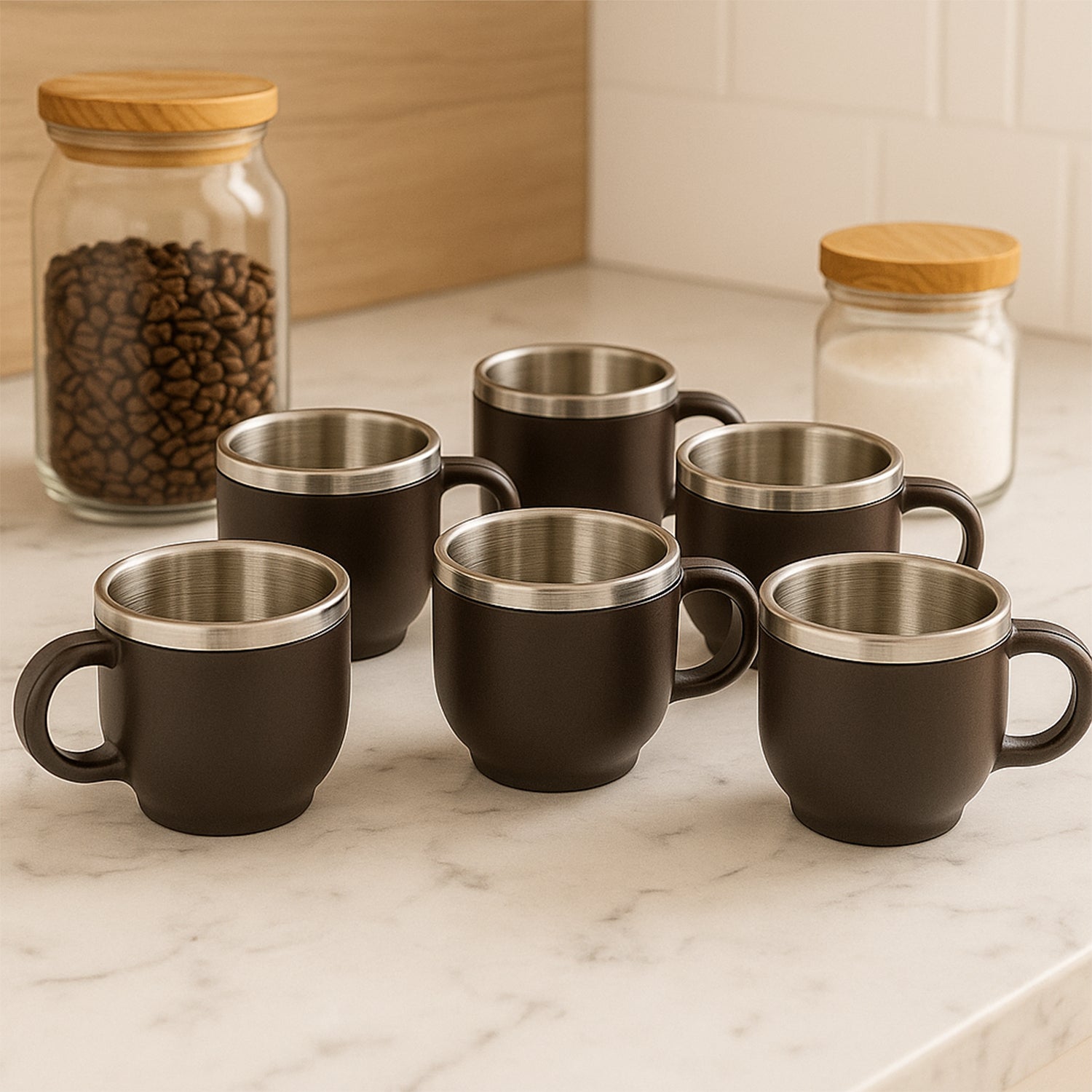 Set of six Wukusy Apex Premium double wall stainless steel cappuccino mugs, 100 ml each, in a home and kitchen gift set.