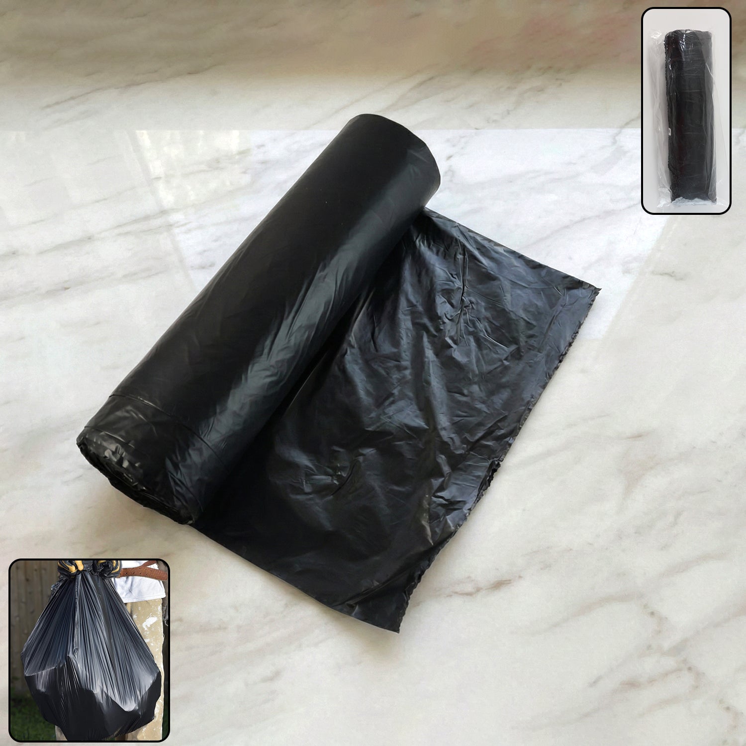 Black heavy-duty garbage bag roll from Wukusy for home and commercial waste disposal, showing a roll of durable trash bags.