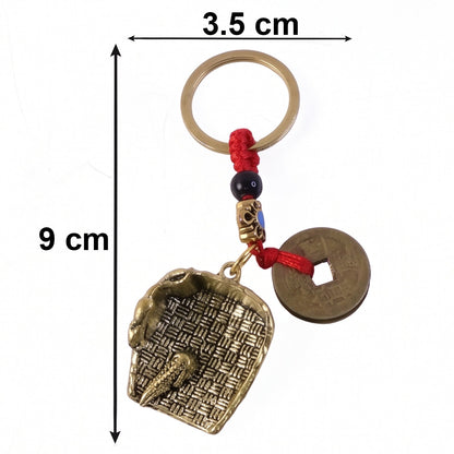 Copper plated dustpan pendant keychain with lucky coin charm, Feng Shui bag accessory by Wukusy featuring intricate design details.