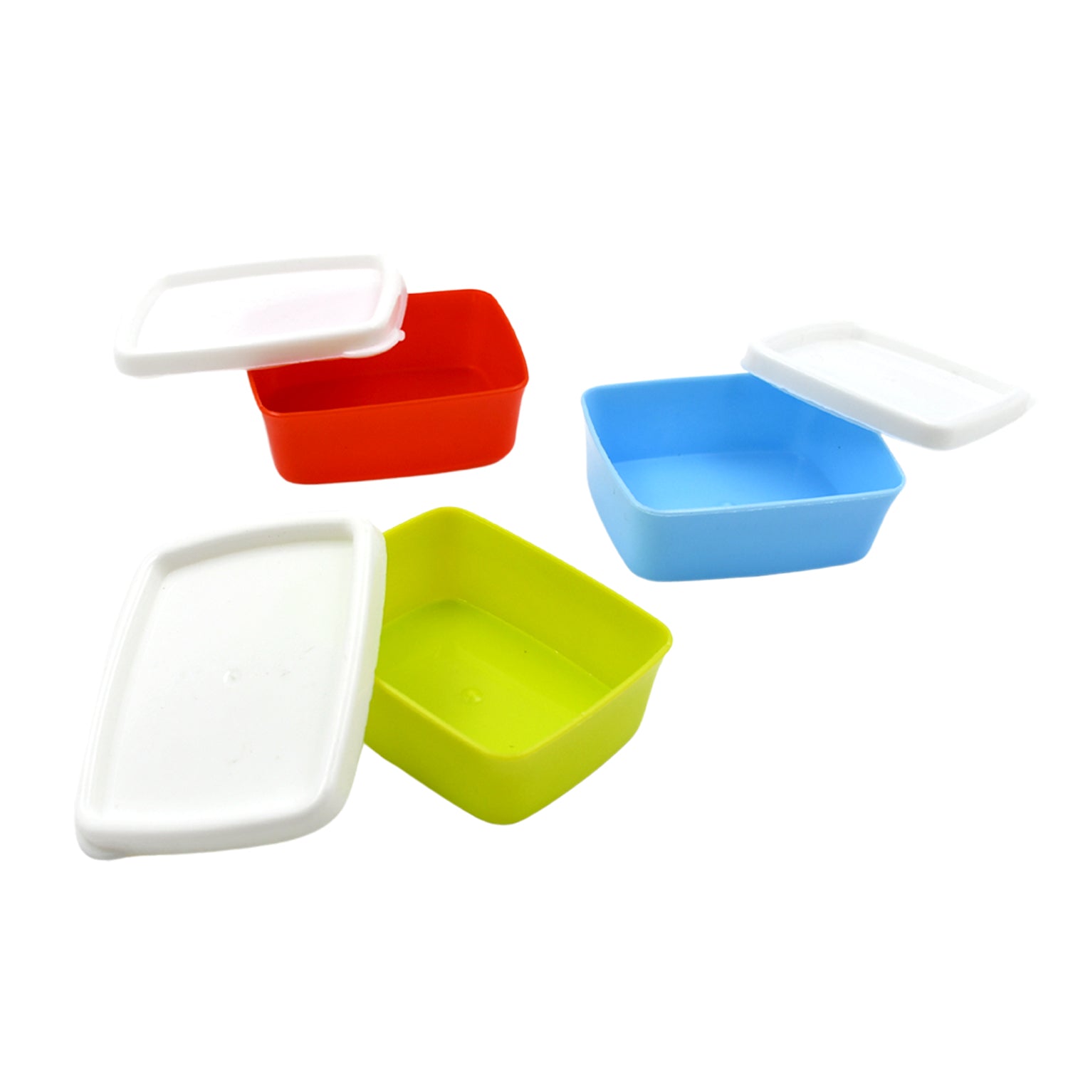 Wukusy 3-piece set of small rectangular plastic airtight containers with multicolor lids, kitchen food storage and fridge organization.