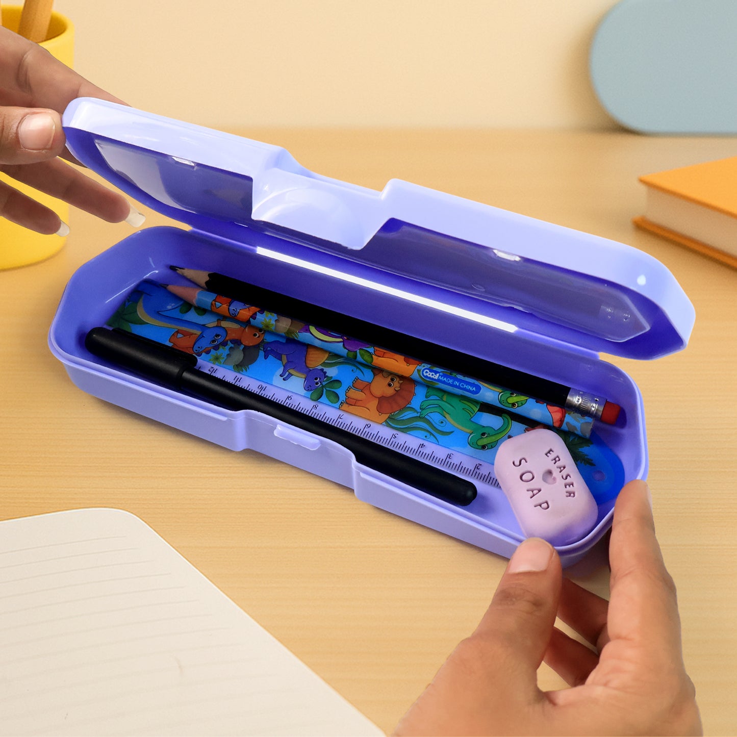 Wukusy cartoon character printed plastic pencil box with built-in maze puzzle game, ideal for office or school use